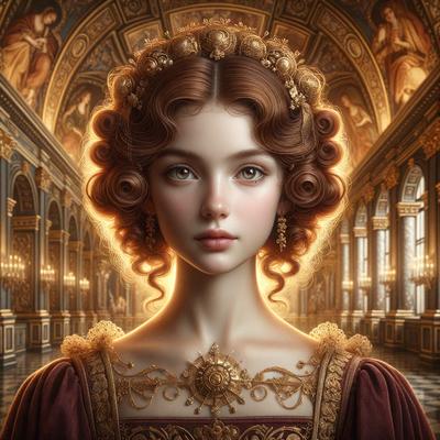 The primary subject of the image is a woman with long, curly hair, wearing a fancy dress. She is posing for a portrait, and her hair is adorned with a crown. The setting is a grand hallway with a beautifully decorated ceiling, giving the impression of a royal or historical setting. The visual style is a digital art or illustration, with the woman's hair and dress being intricately detailed. The colors and mood of the image are elegant and regal, with the woman'